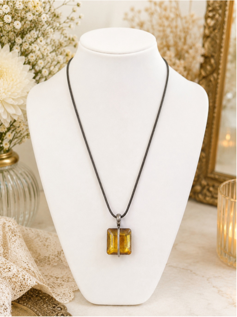 Vintage Smoky Amber Glass Pendant Necklace on Oxidized Metal Snake Chain